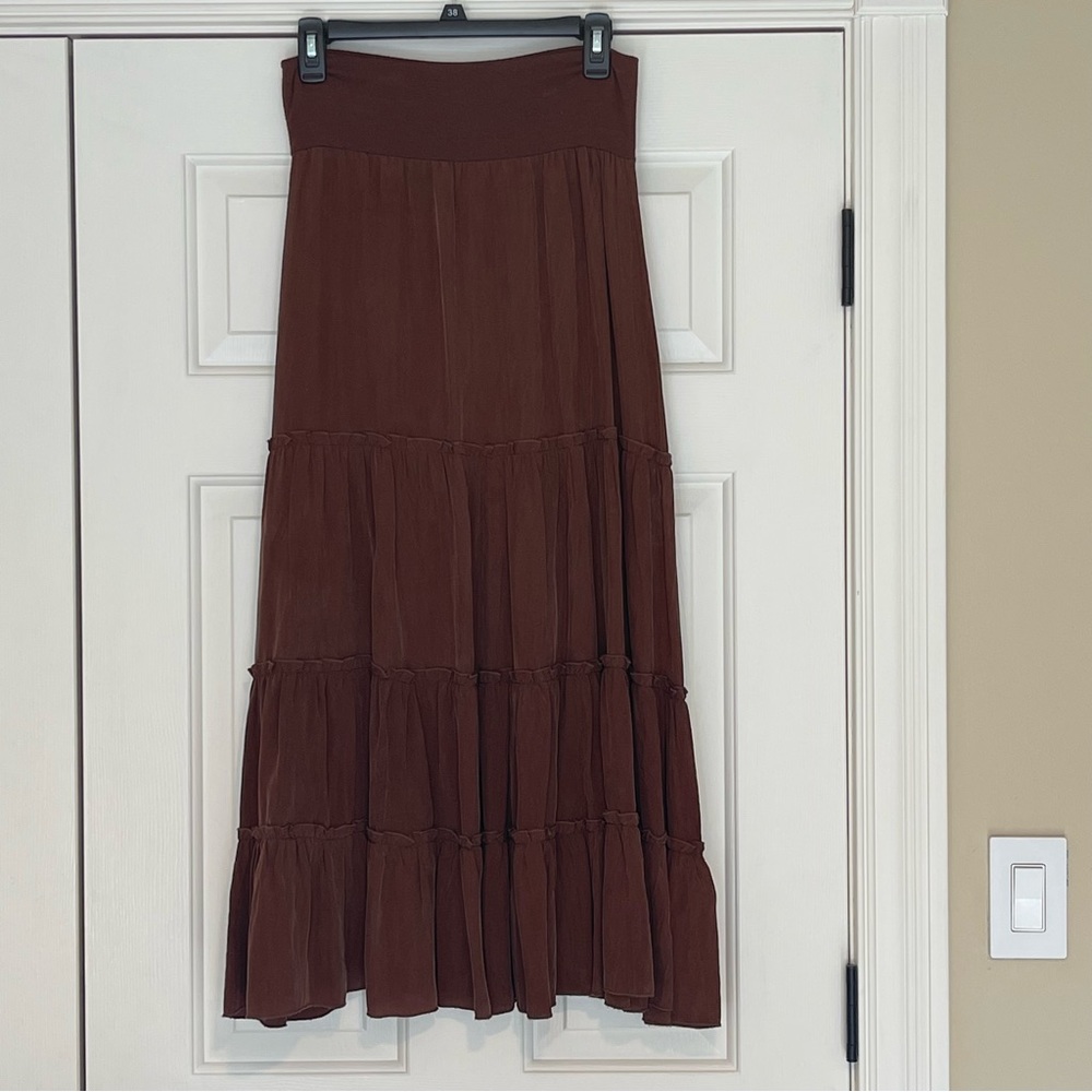 Brown Maxi Boho Skirt Stretchy Waist Small